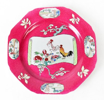 Lot 182 - A Chinese octagonal plate with painted central...