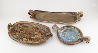 Lot 46 - JOHN CALVER (born 1947); three stoneware twin...