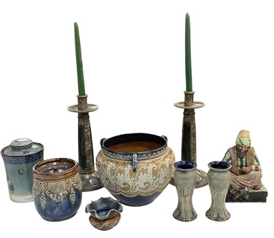 Lot 344 - ROYAL DOULTON LAMBETH; a pair of stoneware...