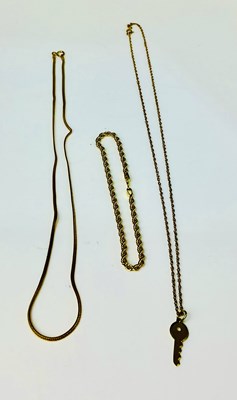 Lot 873 - Two 9ct gold chains and a 9ct gold bracelet,...