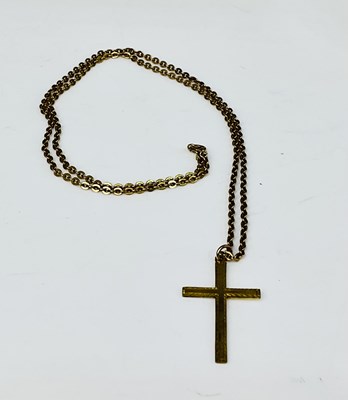 Lot 874 - A 9ct gold chain with cross pendant, length...
