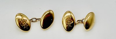 Lot 907 - A pair of 15ct gold oval cufflinks, engraved...