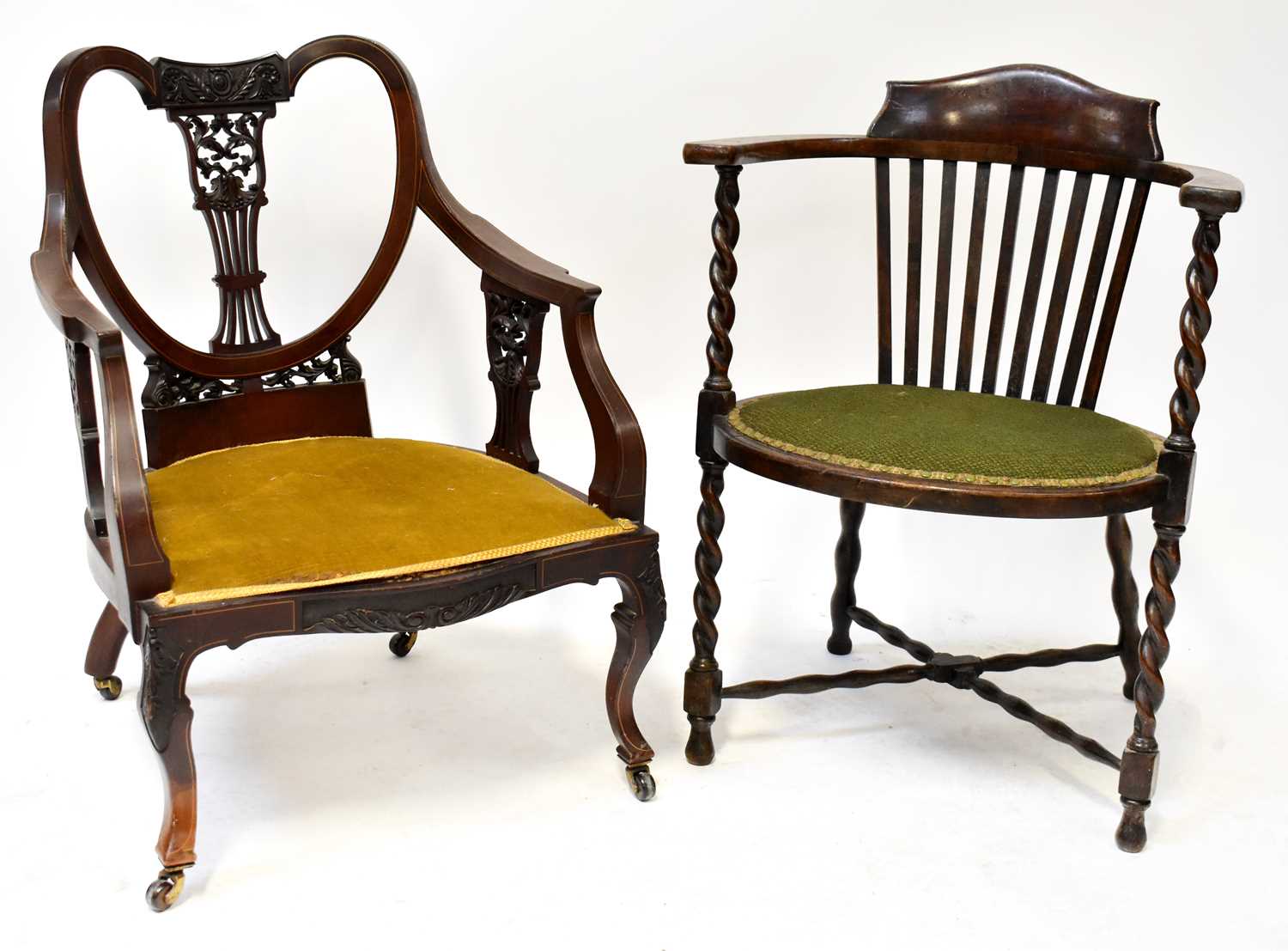 Lot 8 - An Edwardian inlaid walnut low elbow chair...