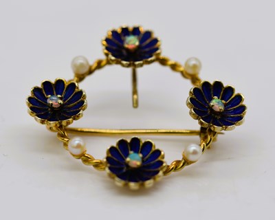 Lot 942 - A 9ct gold enamel, opal and pearl open...