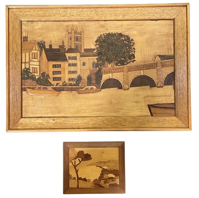 Lot 208 - A marquetry river scene, with boats and town,...