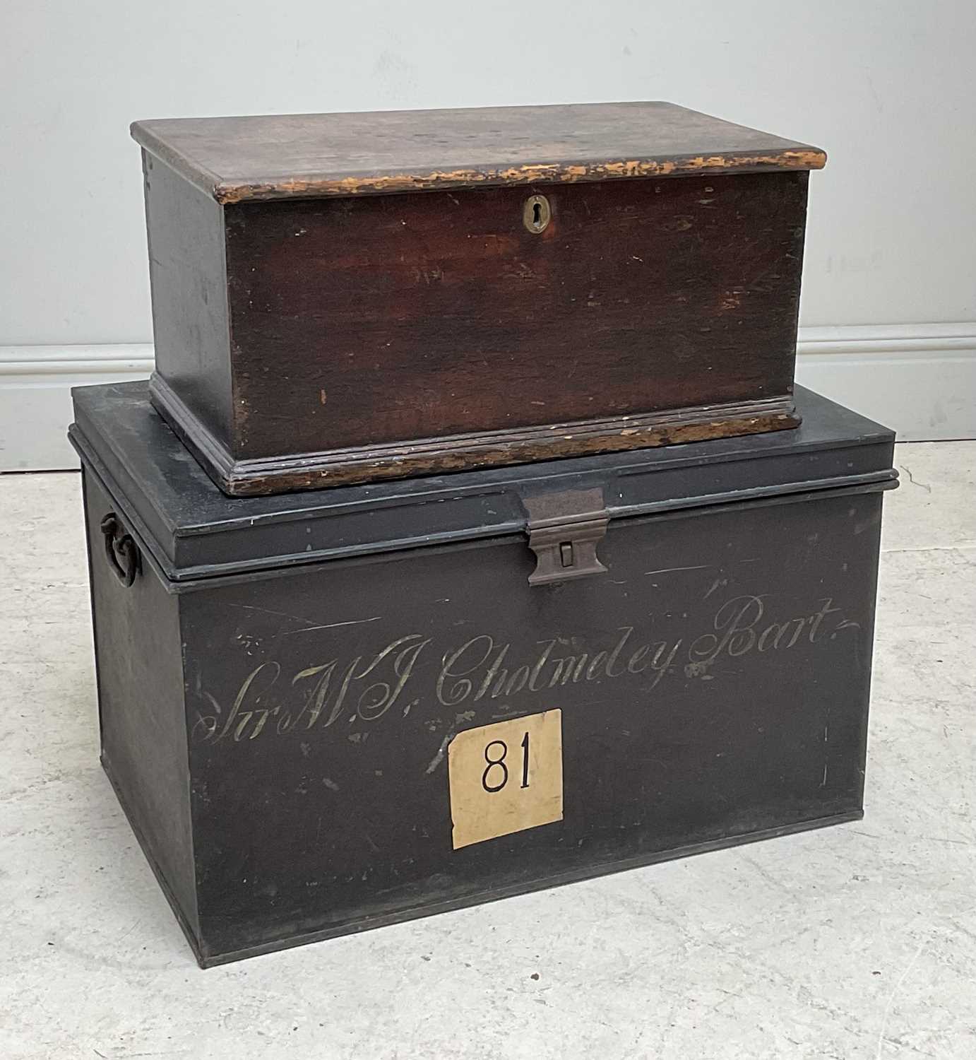 Lot 192 - A large metal deed box, the front painted