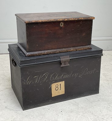 Lot 192 - A large metal deed box, the front painted with...