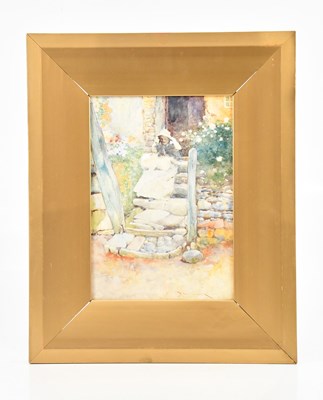 Lot 1057 - DAVID WOODLOCK; watercolour, figure on steps,...