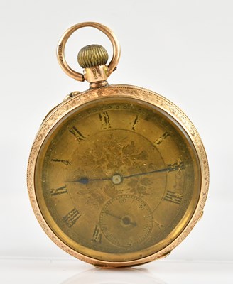 Lot 409 - A yellow metal crown wind open faced fob watch,...
