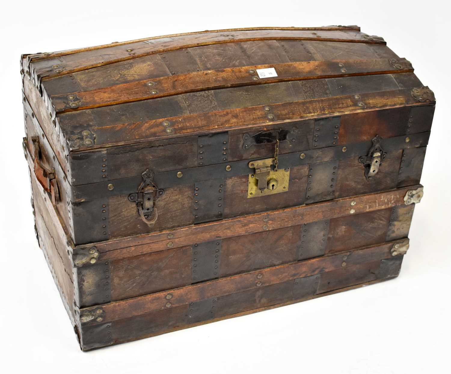 Lot 10 - A reproduction dome top metal-clad trunk, the...