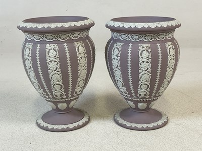 Lot 432 - WEDGWOOD; a pair of lilac jasperware vases...