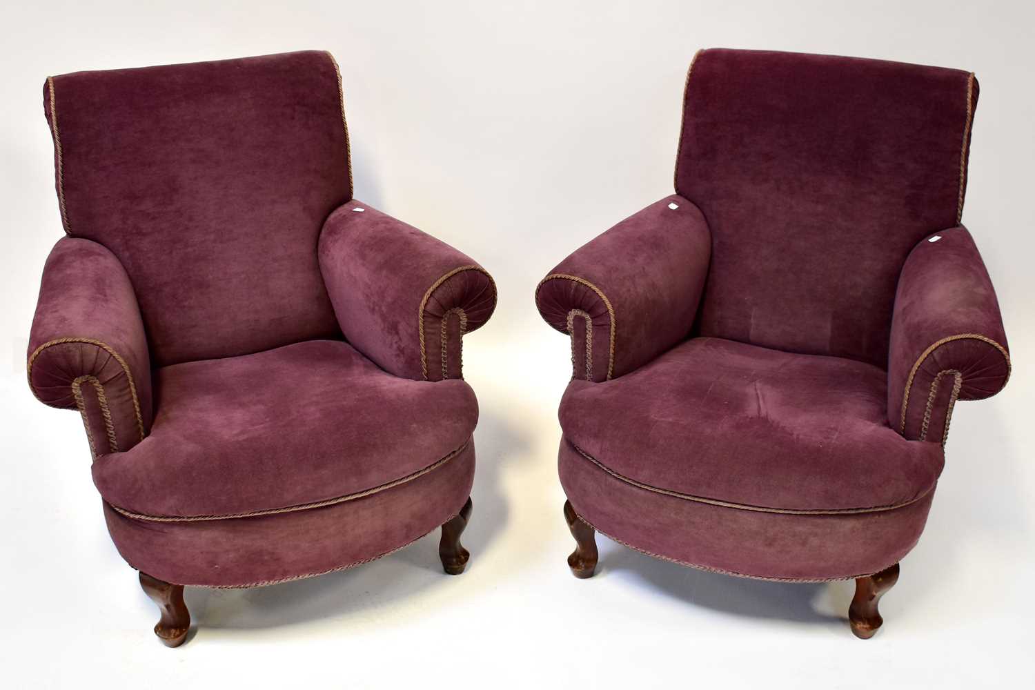 Lot 13 - A pair of early 20th century armchairs in plum...