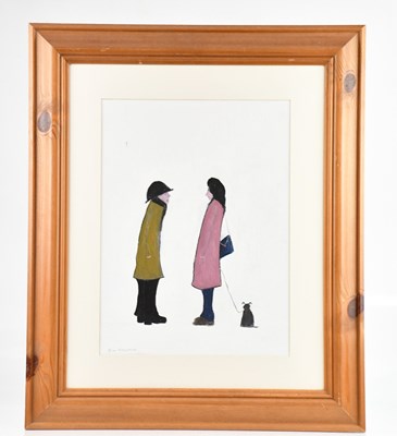Lot 1175 - JIM TRUEMAN; oil on board, 'Two People Talking'...
