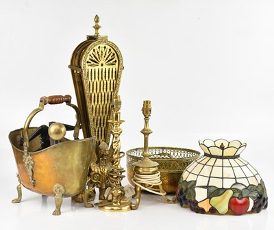 Lot 417 - A collection of metalware comprising firedogs,...
