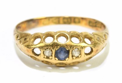 Lot 1209 - An 18ct yellow gold three stone ring, size J...
