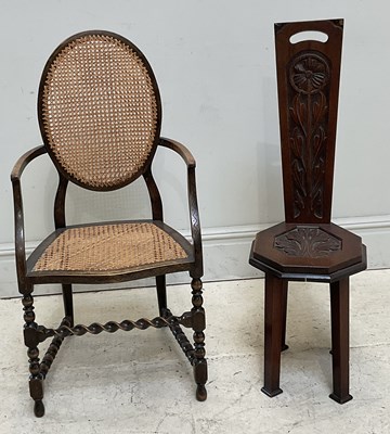 Lot 183 - A carved oak spinning stool and an early 20th...