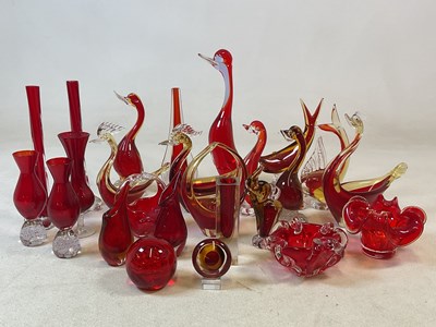 Lot 446 - MURANO & ART GLASS; a quantity of ruby red...