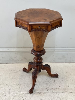 Lot 104 - A Victorian walnut sewing table with octagonal...