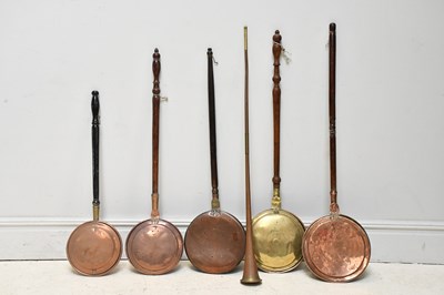 Lot 439 - Five assorted copper and brass warming pans (5).