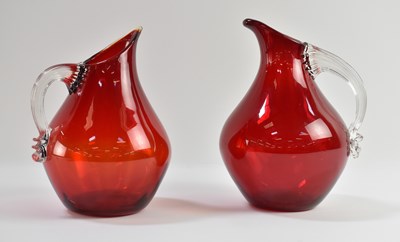 Lot WHITEFRIARS; two 1950s ruby red art glass jugs...