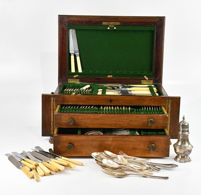 Lot 443 - A oak cased canteen of plated cutlery, with...