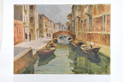 Lot 487 - BELLEMO; oil on canvas, Venetian canal scene,...