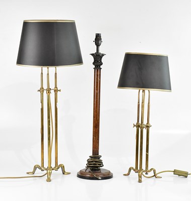 Lot 2033 - Two brass adjustable table lamps and a...