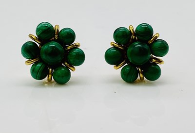 Lot 777 - A pair of 9ct yellow gold and malachite flower...