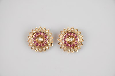 Lot 1384 - A pair of yellow metal seed pearl and pale red...