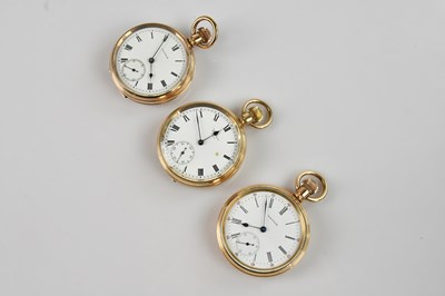 Lot 421 - Three gold plated crown wind open faced pocket...