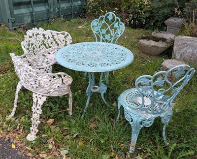 Lot 238 - A cast metal garden table and two chairs,...
