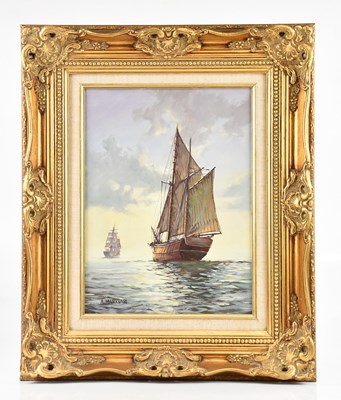 Lot 1191 - A MARKHAM; oil on canvas, two ships at sea,...