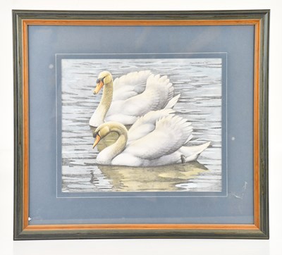 Lot 1170 - DAVID BINNS (1935-2020); watercolour, swans,...
