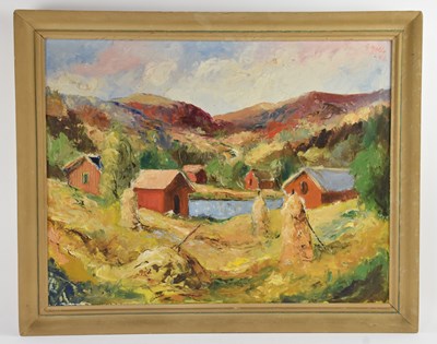 Lot 267 - R MOLIN; oil on board, abstract rural scene,...
