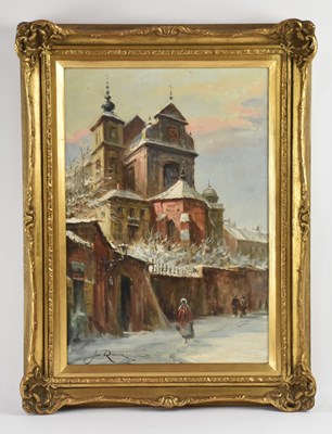 Lot 178 - JAN RAWICZ; oil on canvas, winter street scene...