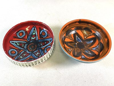 Lot 357 - POOLE POTTERY; a shape 40 abstract orange and...