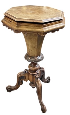 Lot 46 - A Victorian burr walnut tripod sewing table,...