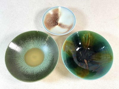 Lot 363 - POOLE POTTERY; three shallow conical mottled...