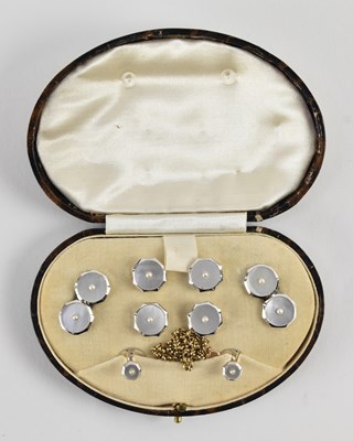 Lot 1294 - A cased pair of 9ct white gold mother of pearl...