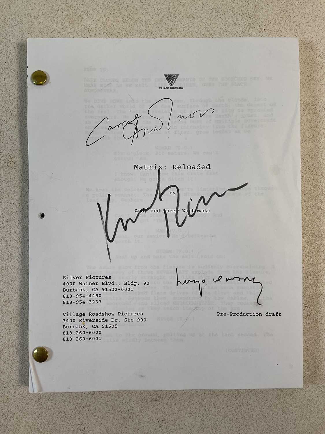 Lot 494 - MATRIX RELOADED; a pre-production draft