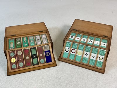Lot 208 - Two wooden sets of prepared microscope slides...