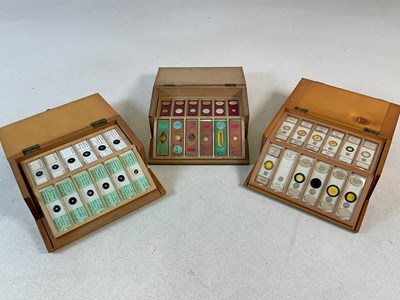 Lot 209 - Three wooden cased sets of prepared microscope...