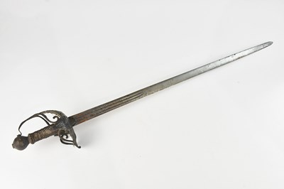 Lot 1335 - A basket hilt mortuary sword, with metal grip,...