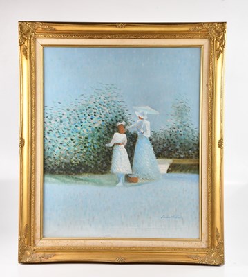 Lot 604 - ANOHE MILIUS; oil on canvas, Victorian ladies...
