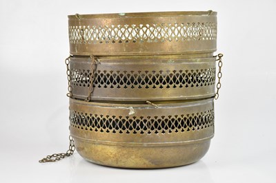 Lot 429 - Three brass hanging baskets, diameter 32cm (3).