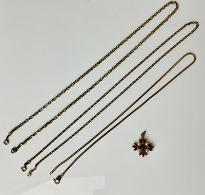 Lot 663 - Three 9ct yellow gold chains and a pendant,...