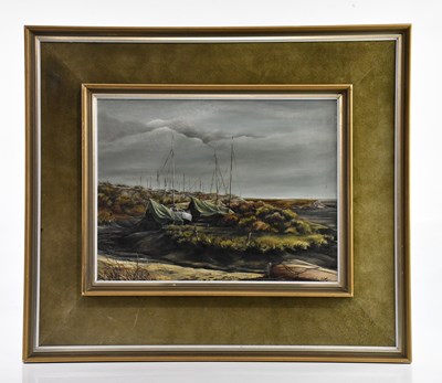 Lot 605 - CHRISTINE E SLADE; oil on board, moored boats...