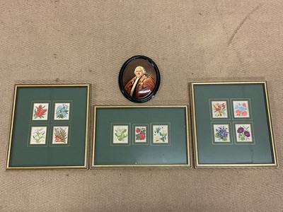Lot 268 - Three framed sets of floral silks and an oval...