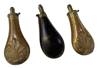 Lot 373 - A pair of 19th century copper powder flasks,...