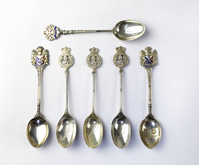 Lot 240 - Six hallmarked silver and enamelled shipping...